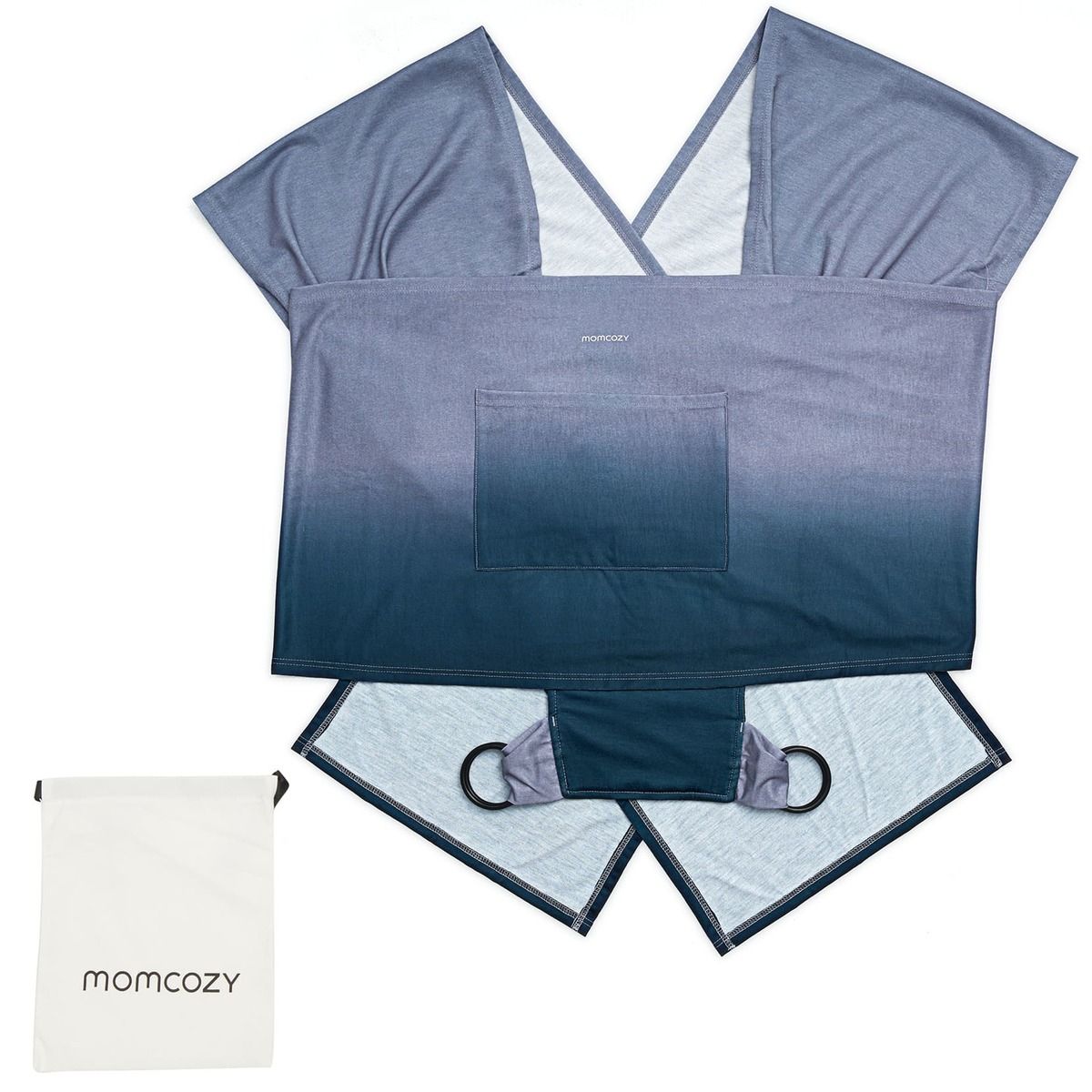 Momcozy-Tragetuch, blau-grau, flach ausgebreitet. Mit Tasche. Sichtbare Details: Tasche, Ringe, Farbverlauf.