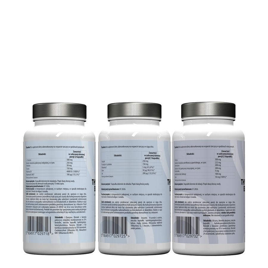 Drei Flaschen Thyro Best mit Produktinformationen auf den Etiketten. Die Etiketten enthalten Inhaltsstoffe und Nährwertangaben.