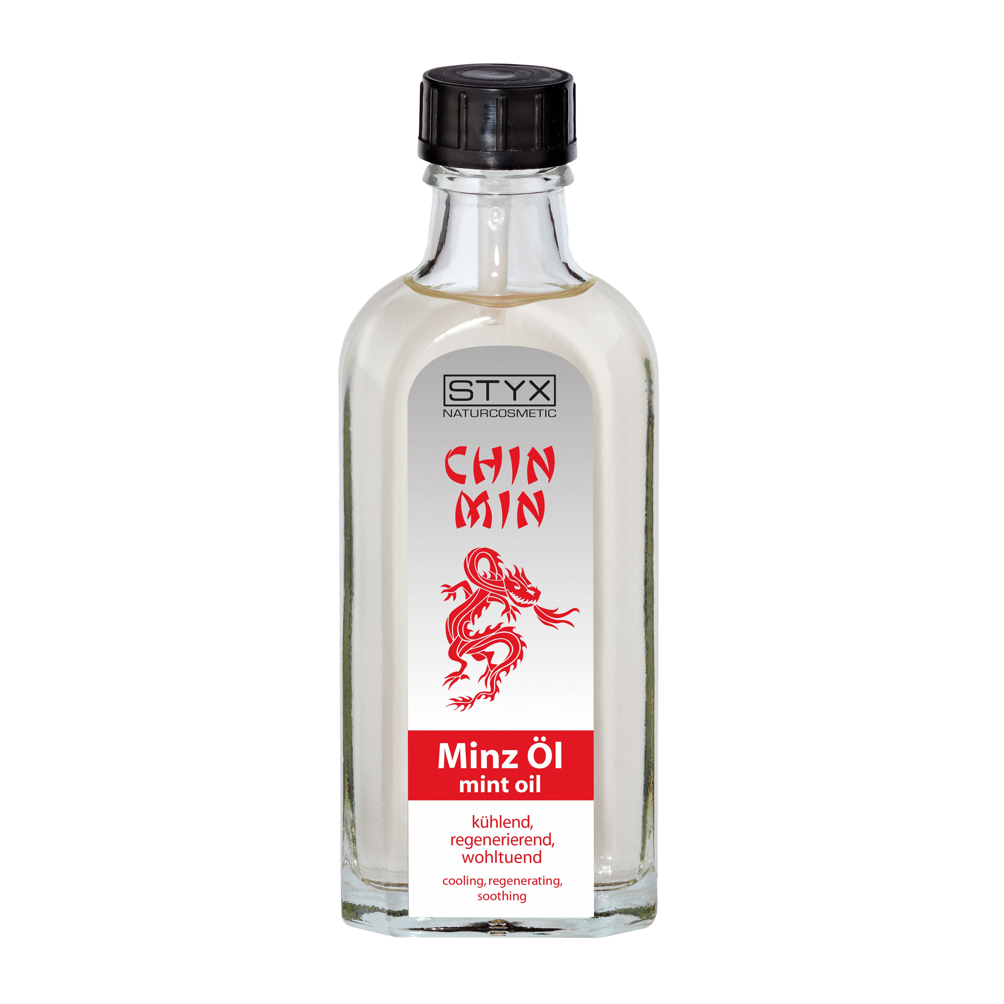 Glasflasche mit schwarzem Deckel und Etikett. Rotes Drachenmotiv und Schriftzug 'Chin Min'.
