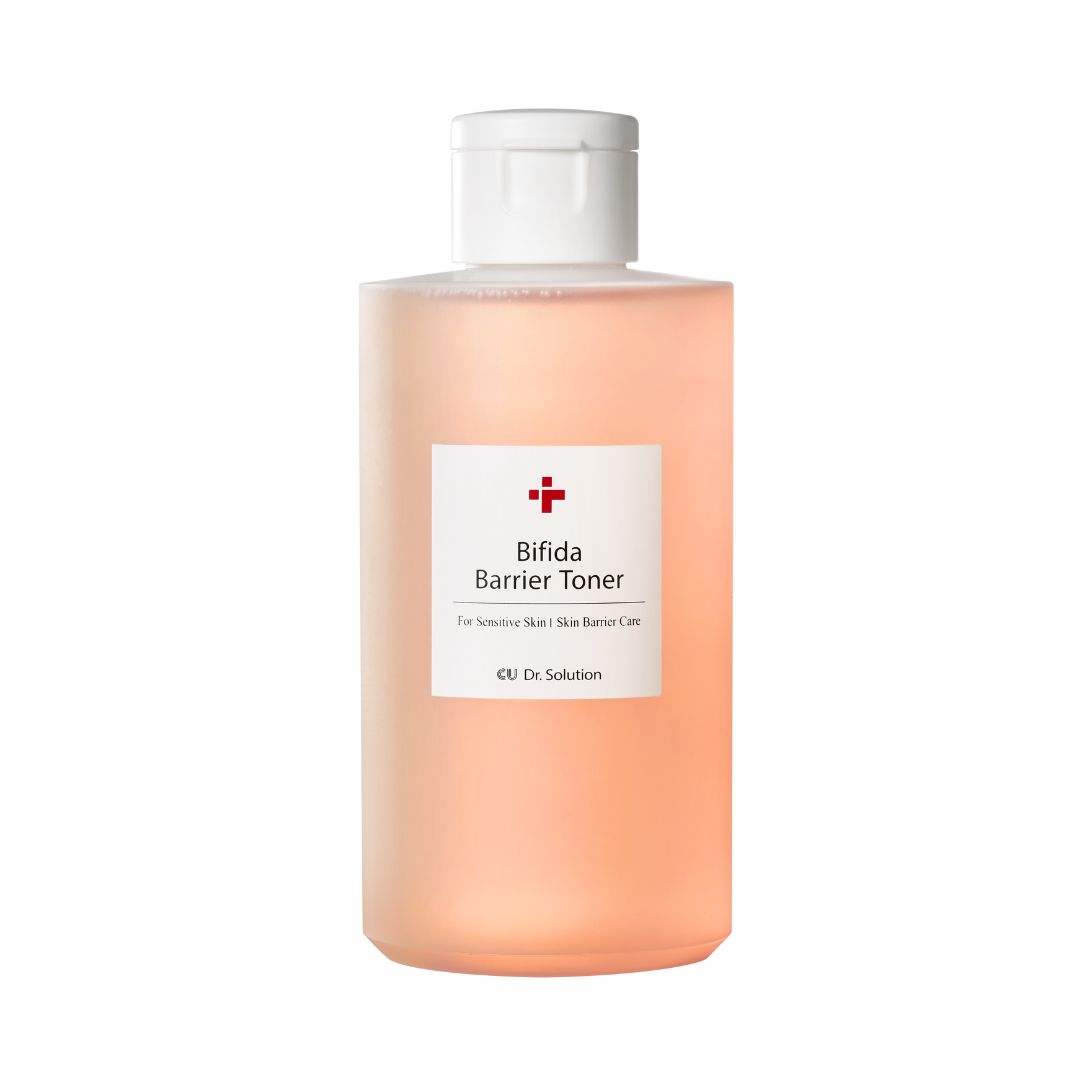 Eine Flasche Toner mit weißem Deckel und Etikett. Auf dem Etikett steht "Bifida Barrier Toner".