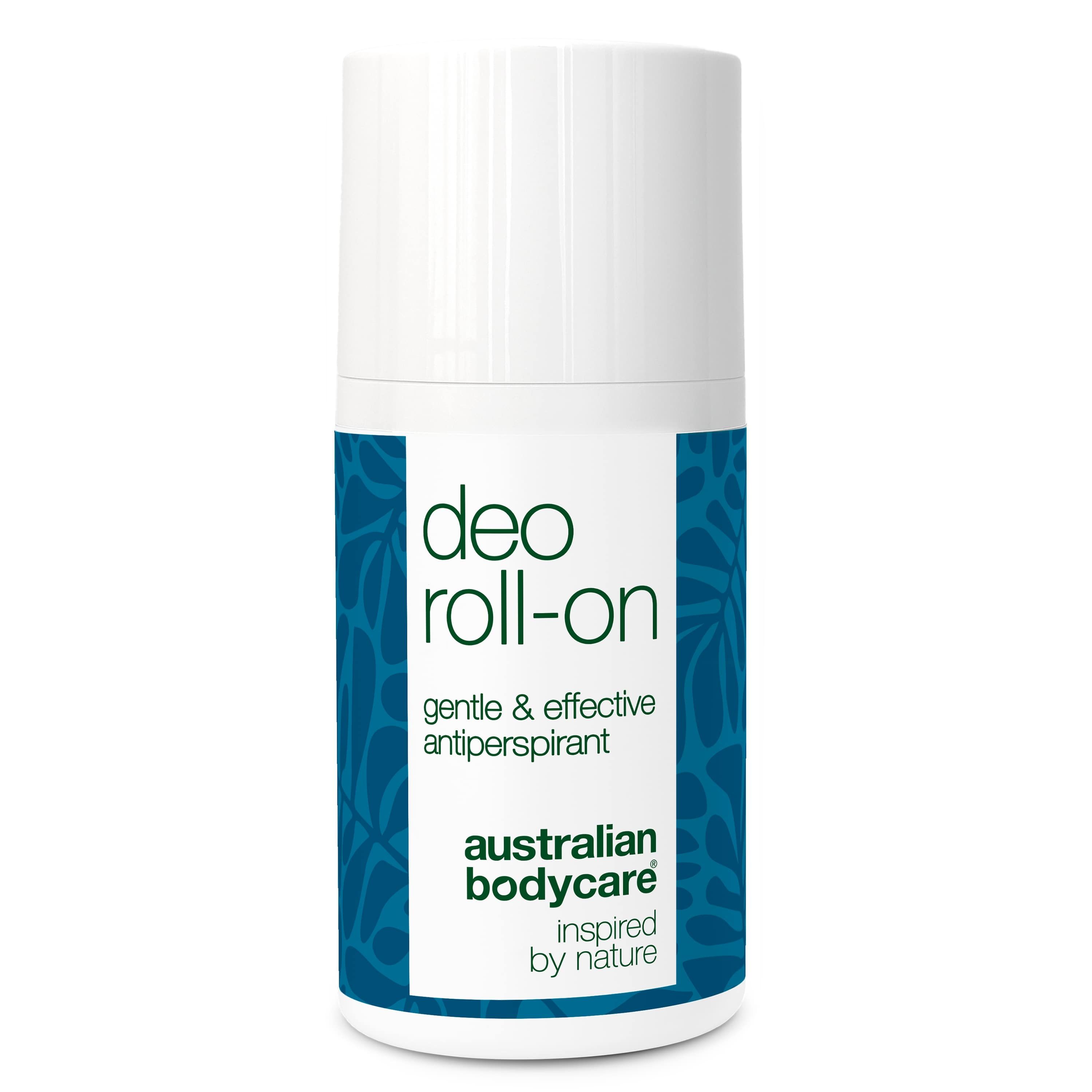 Weißer Roll-on-Deo-Behälter mit blauem Etikett. Text: Deo Roll-on, gentle & effective antiperspirant, Australian Bodycare.