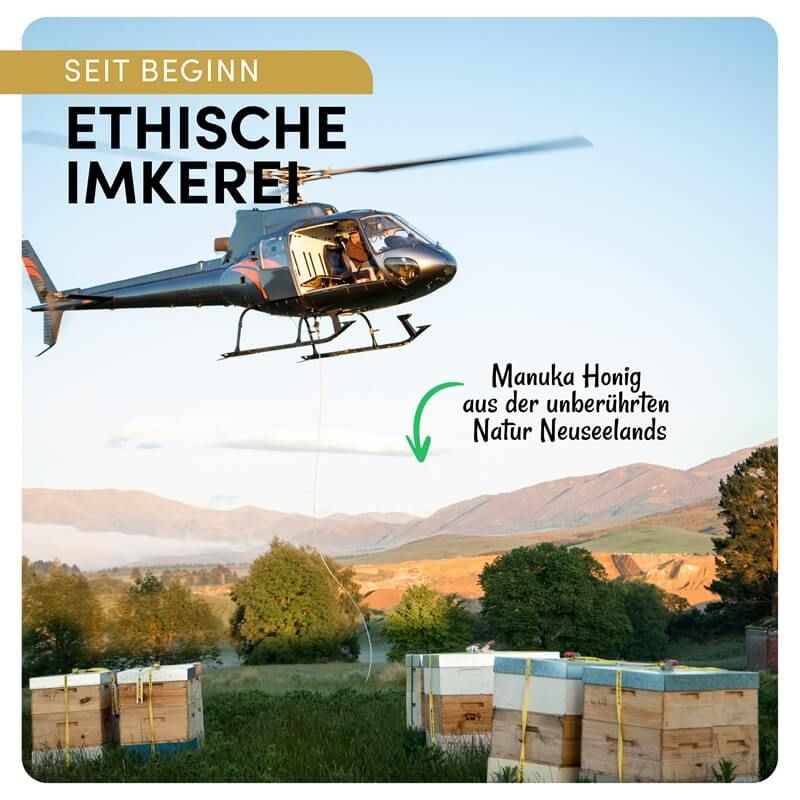 Hubschrauber über Bienenstöcken. Text: Ethische Imkerei. Manuka Honig aus Neuseeland.