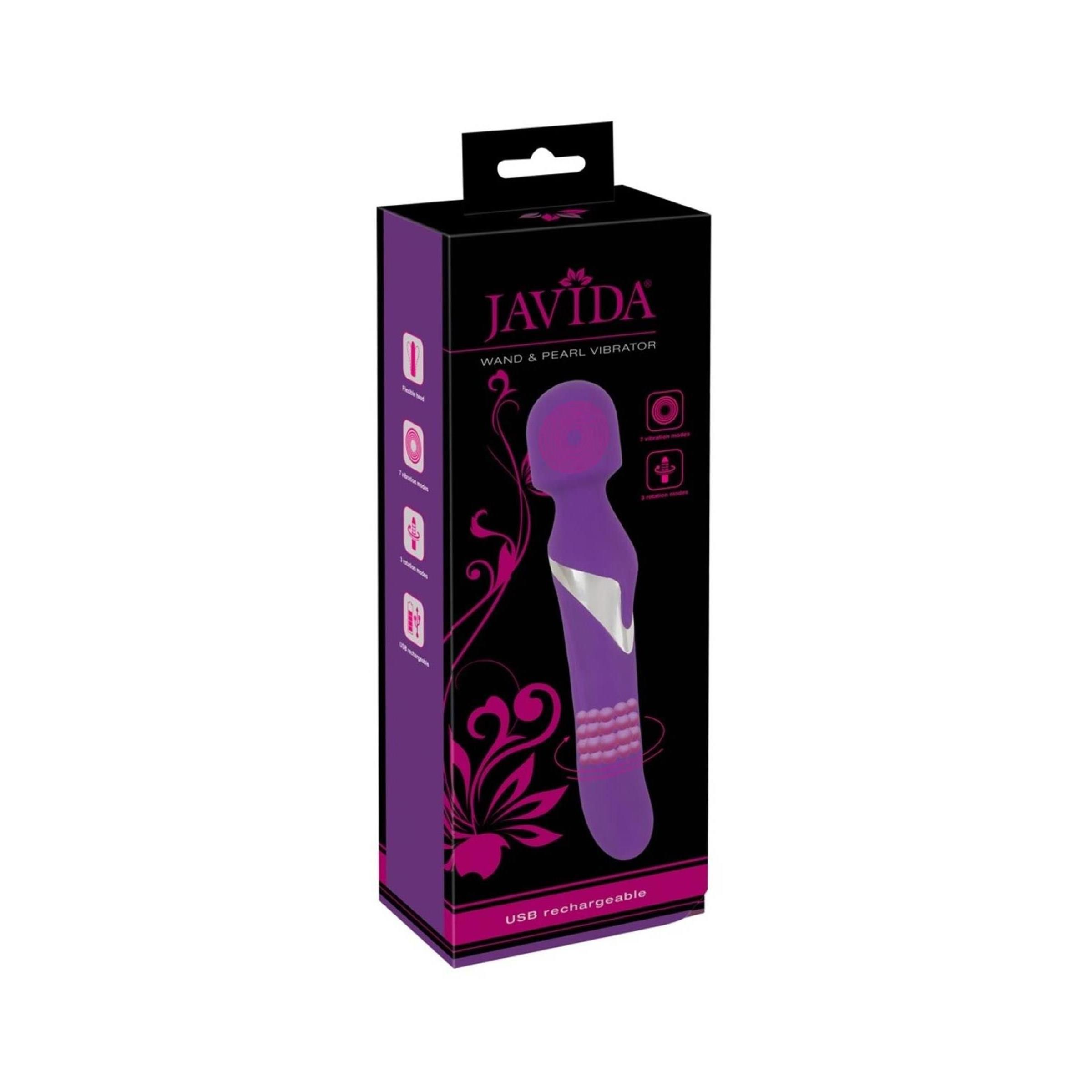 Verpackung von JAVIDA. Schwarzer Karton mit lila Produktabbildung und Produktnamen. USB-Aufladung.