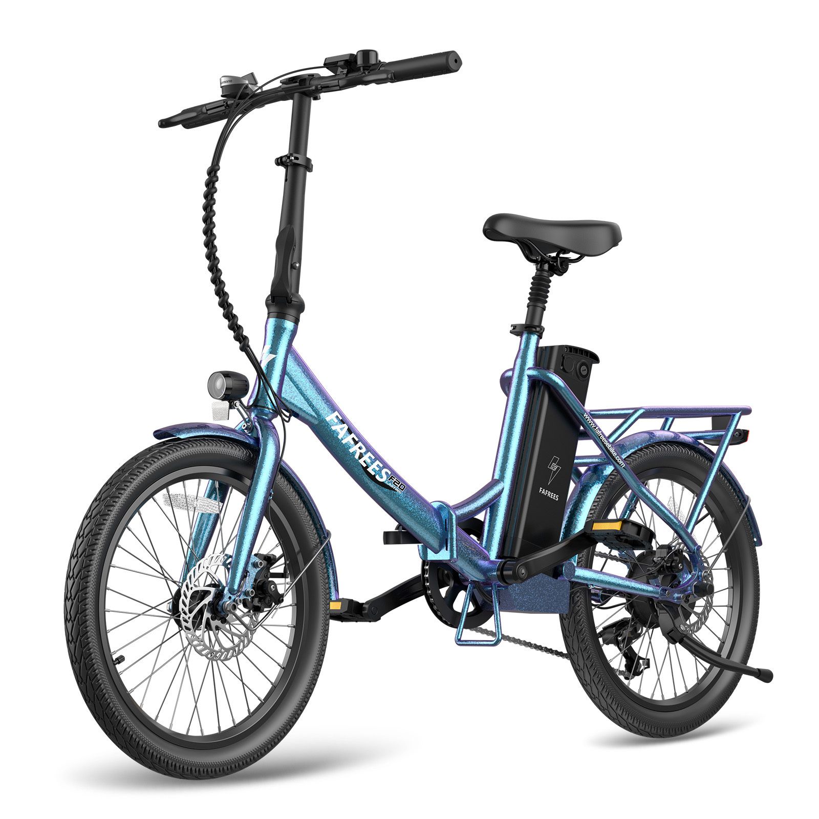 Blaues Fafrees F20 E-Bike. Klapprahmen, Gepäckträger, Scheibenbremsen, Akku am Rahmen. Schwarze Reifen und Sattel.