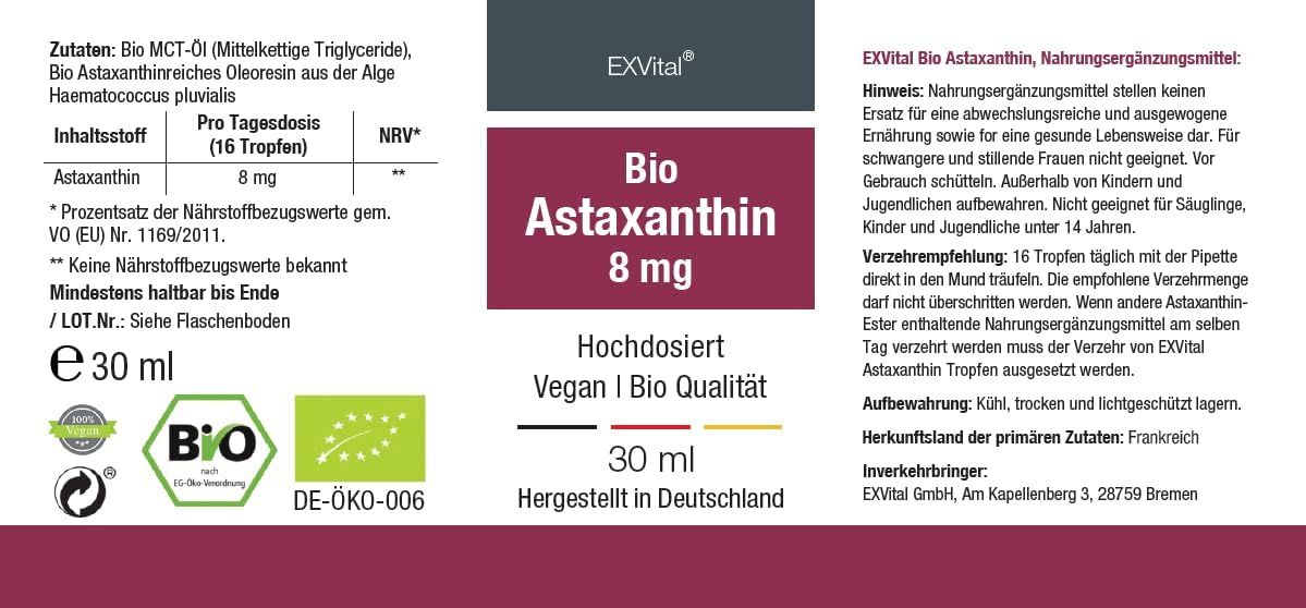 EXVital Astaxanthin Tropfen, Flasche und Etikett. Bio-Siegel. 30 ml. Hochdosiert, vegan, Bio-Qualität. Hergestellt in Deutschland.