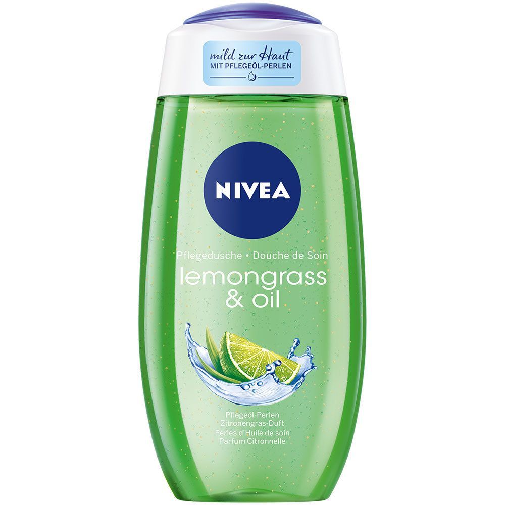 Grüne Duschgel-Flasche mit NIVEA-Logo und Aufschrift "lemongrass & oil". Abbildung von Zitrone und Wasser.