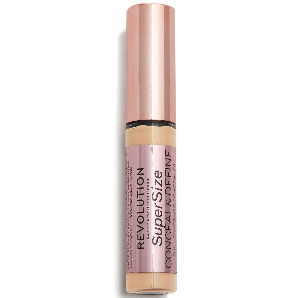 Concealer-Stift mit roségoldfarbenem Deckel. Aufschrift: Super Size Conceal & Define. Marke: Makeup Revolution.