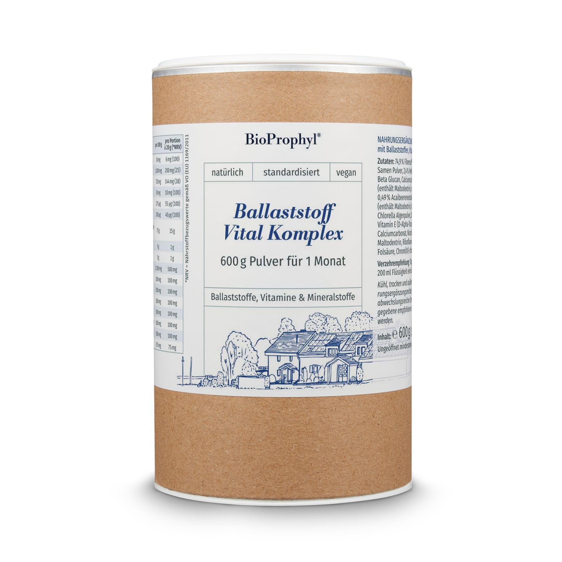 Zylindrische Dose mit Produktaufschrift. Enthält Ballaststoff Vital Komplex. Aufschrift: 600g Pulver für 1 Monat. Vegan.