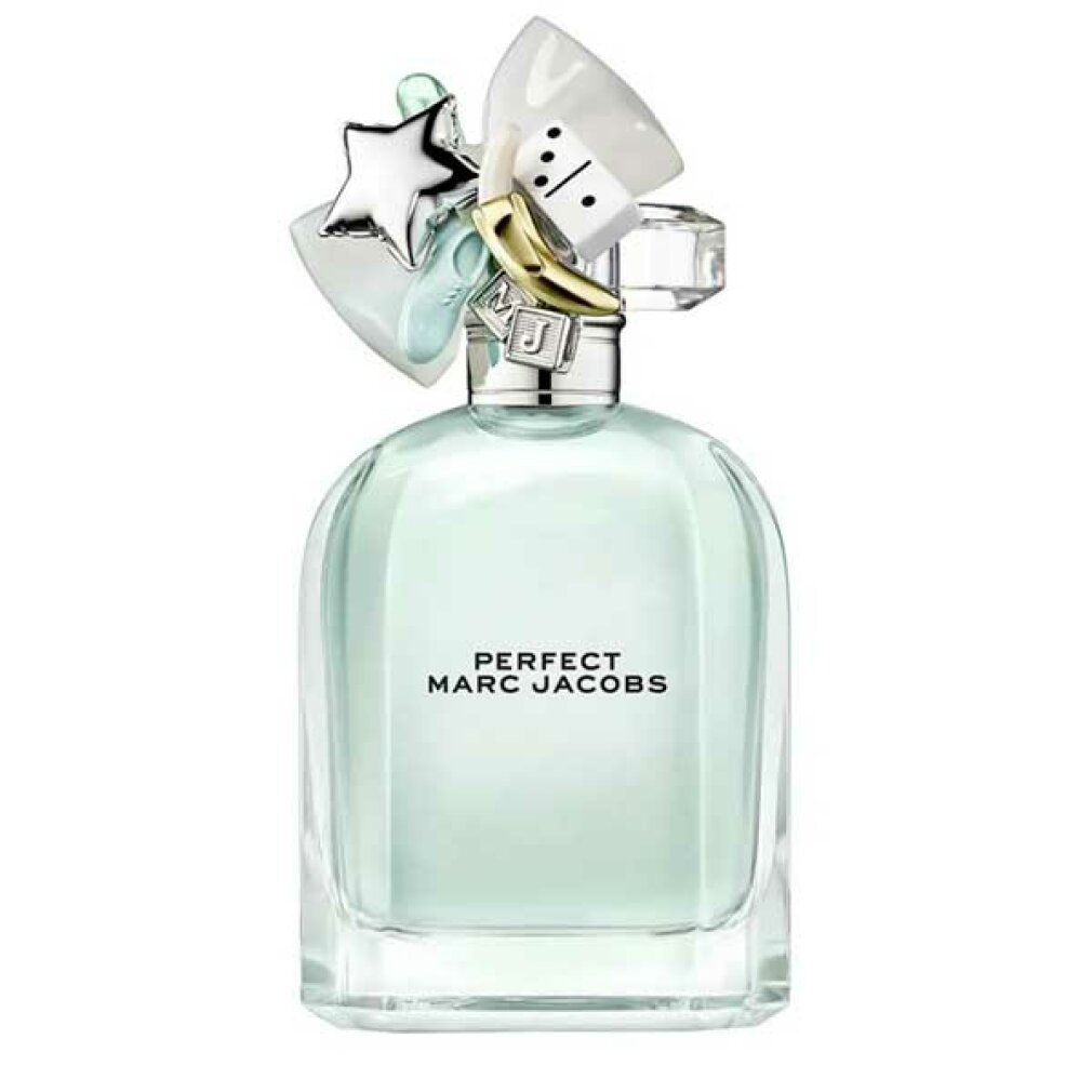 Hellgrüner Flakon mit Aufsatz. Aufschrift: PERFECT MARC JACOBS. Dekorative Elemente: Stern, Banane, Domino.