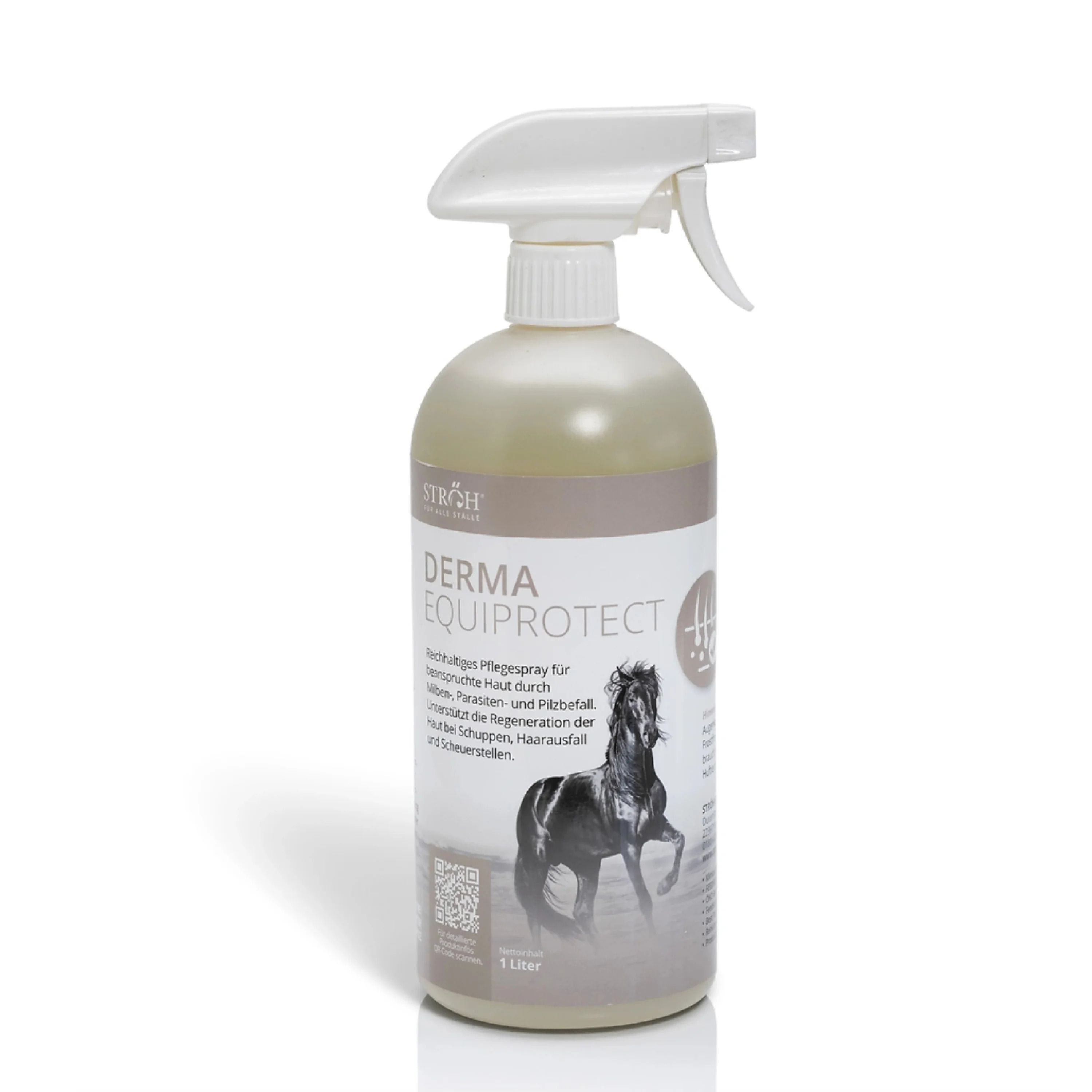 Sprühflasche mit weißem Sprühkopf. Aufschrift: DERMA EQUIPROTECT. Abbildung eines Pferdes. 1 Liter.
