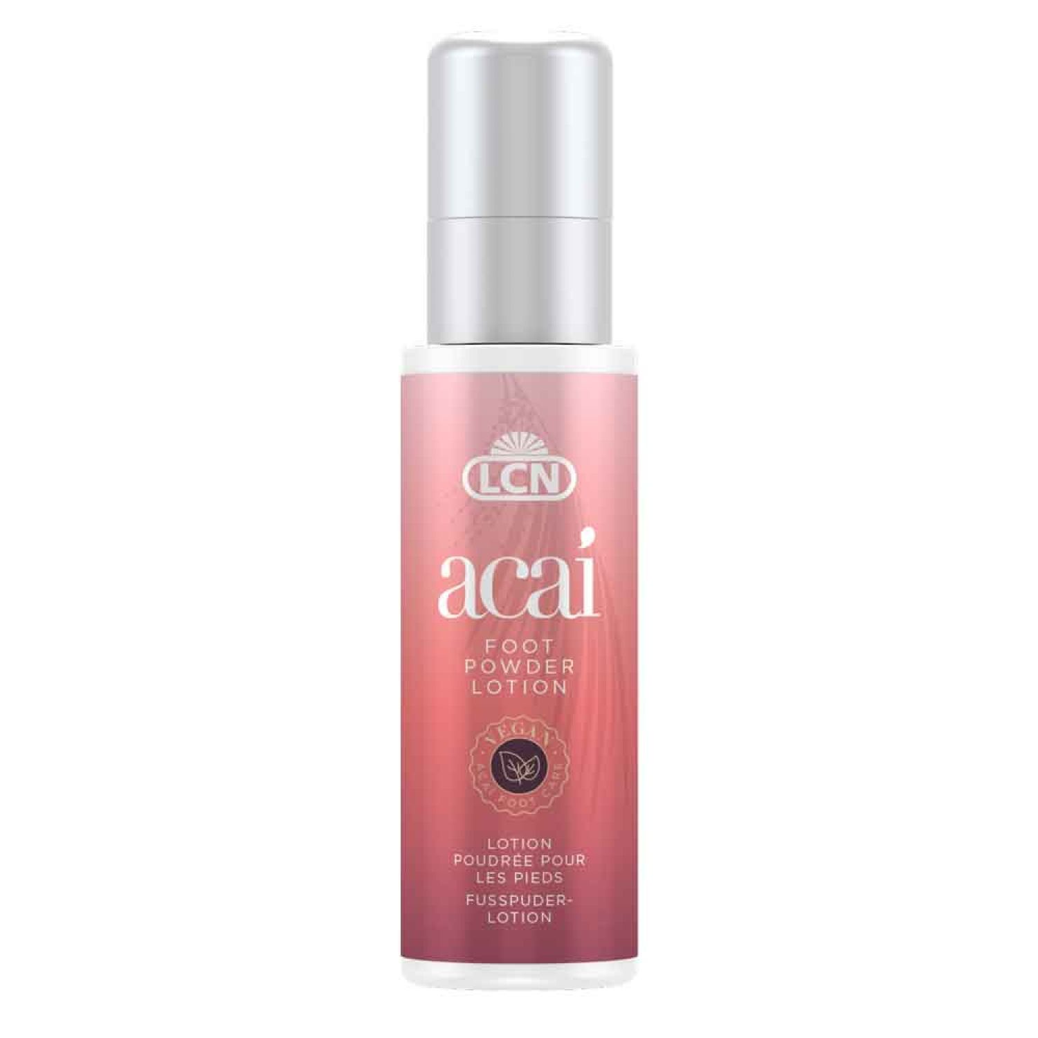 Lotion-Flasche mit silbernem Sprühkopf. Aufschrift: LCN, acai, Foot Powder Lotion. Rosa-weißer Hintergrund.