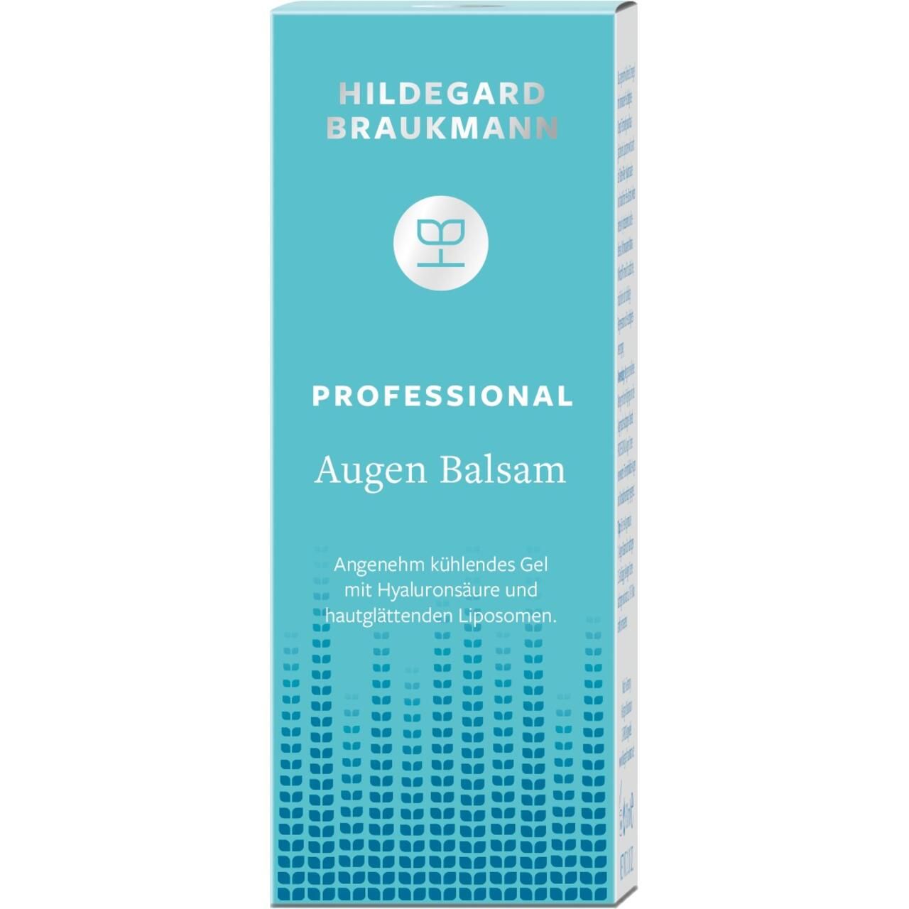 Türkisfarbene Produktverpackung. Aufschrift: Hildegard Braukmann, Professional Augen Balsam. Text: Angenehm kühlendes Gel mit Hyaluronsäure und hautglättenden Liposomen.