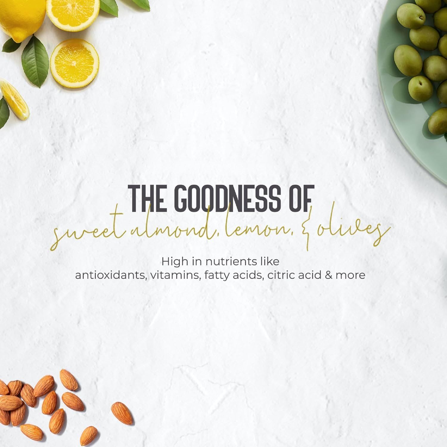 Draufsicht mit Mandeln, Zitronen und Oliven. Text: The Goodness of sweet almond, lemon, & olives. Reich an Nährstoffen.