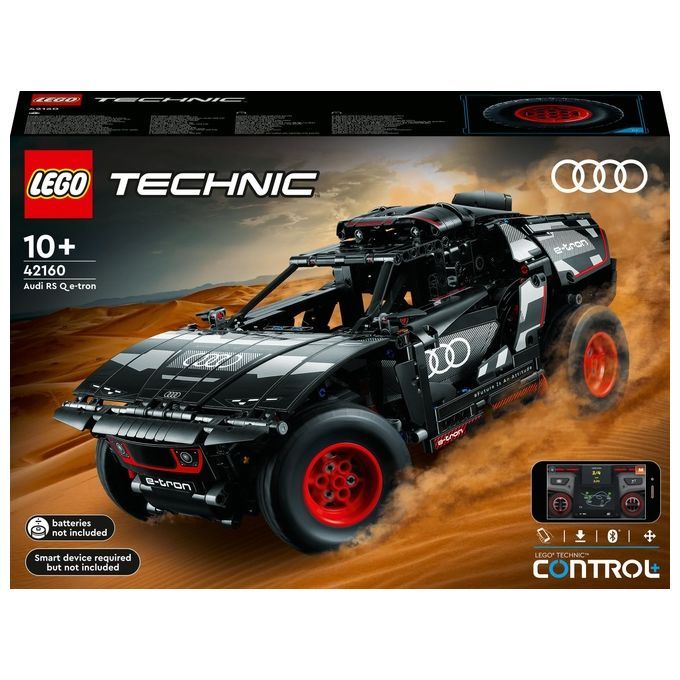 LEGO Technic 42160 Audi RS Q E-Tron. Auto nera con ruote rosse. Confezione con logo e controllo tramite app.