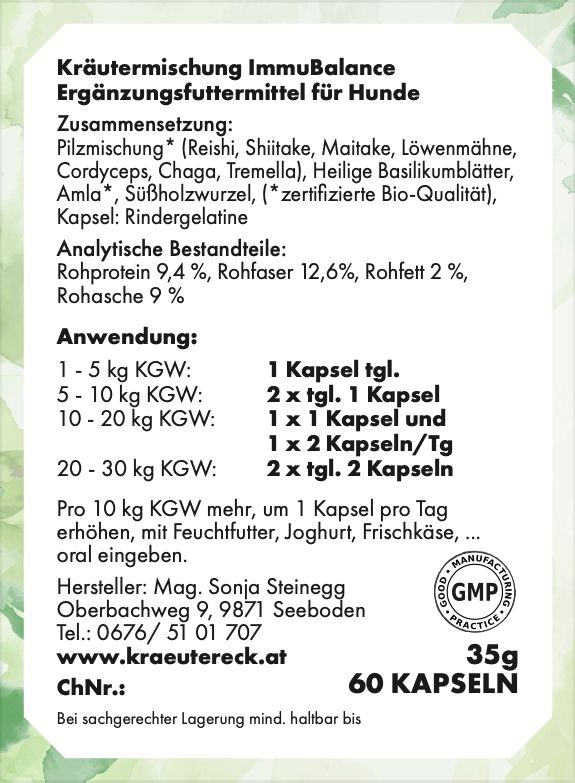 Rückseite der Kräutereck ImmuBalance Hund Verpackung. Text: Zutaten, Dosierung, Hersteller, GMP-Siegel, 60 Kapseln.