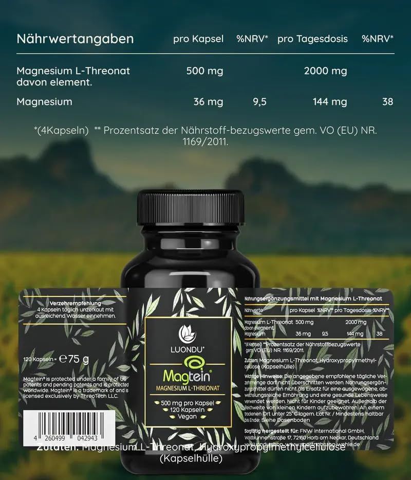 Nährwertangaben. Magnesium L-Threonat, 500 mg pro Kapsel, 2000 mg pro Tagesdosis. Flasche mit Etikett.