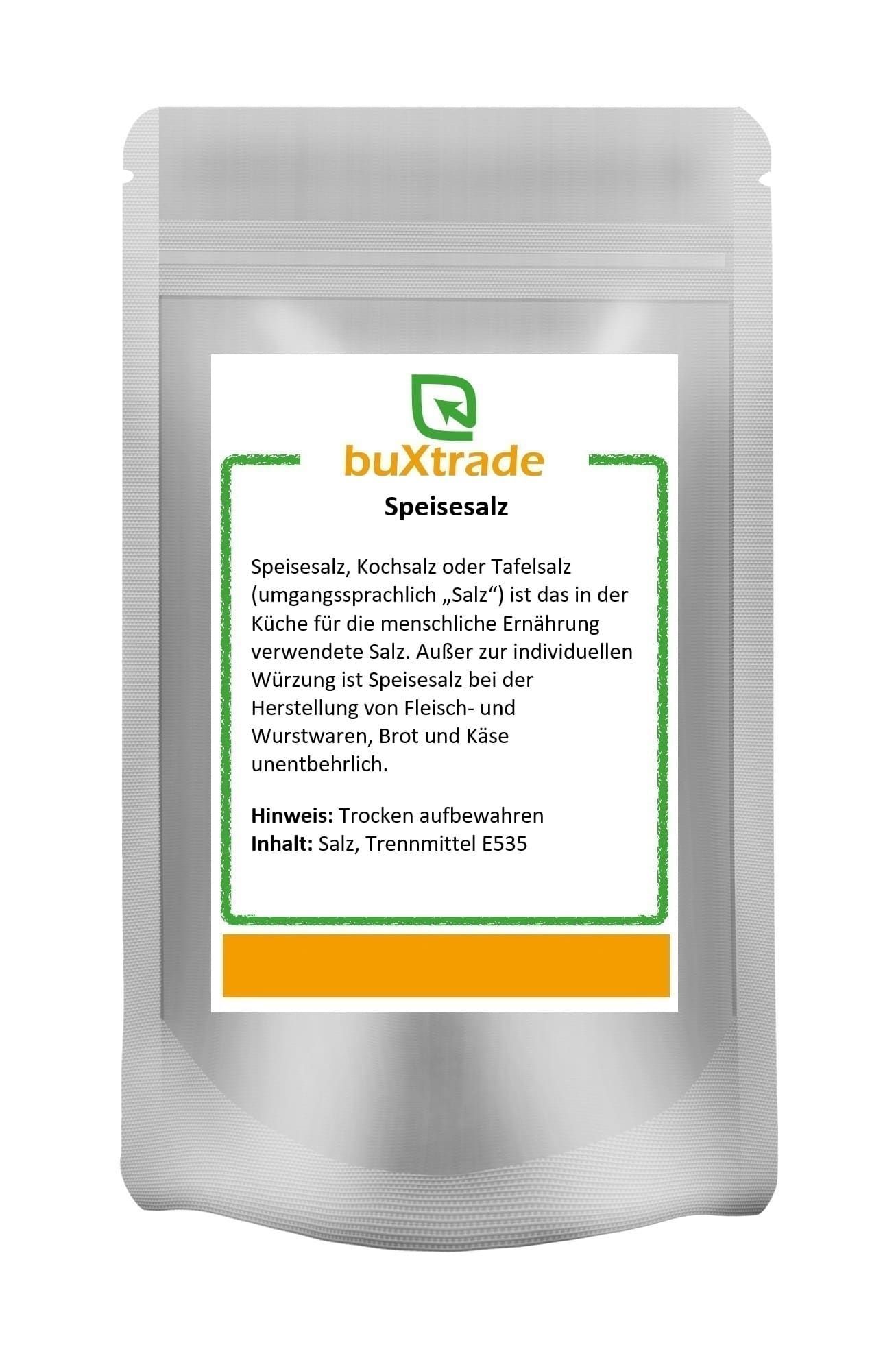 Beutel mit Speisesalz. Aufschrift: buXtrade Speisesalz. Enthält Salz und Trennmittel E535. Hinweis: Trocken aufbewahren.