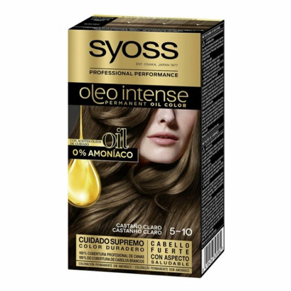 Syoss Oleo Intense Haarfarbe, 5-10 Castano chiaro. Verpackung mit Produktabbildung und Model. Enthält 0% Ammoniak.