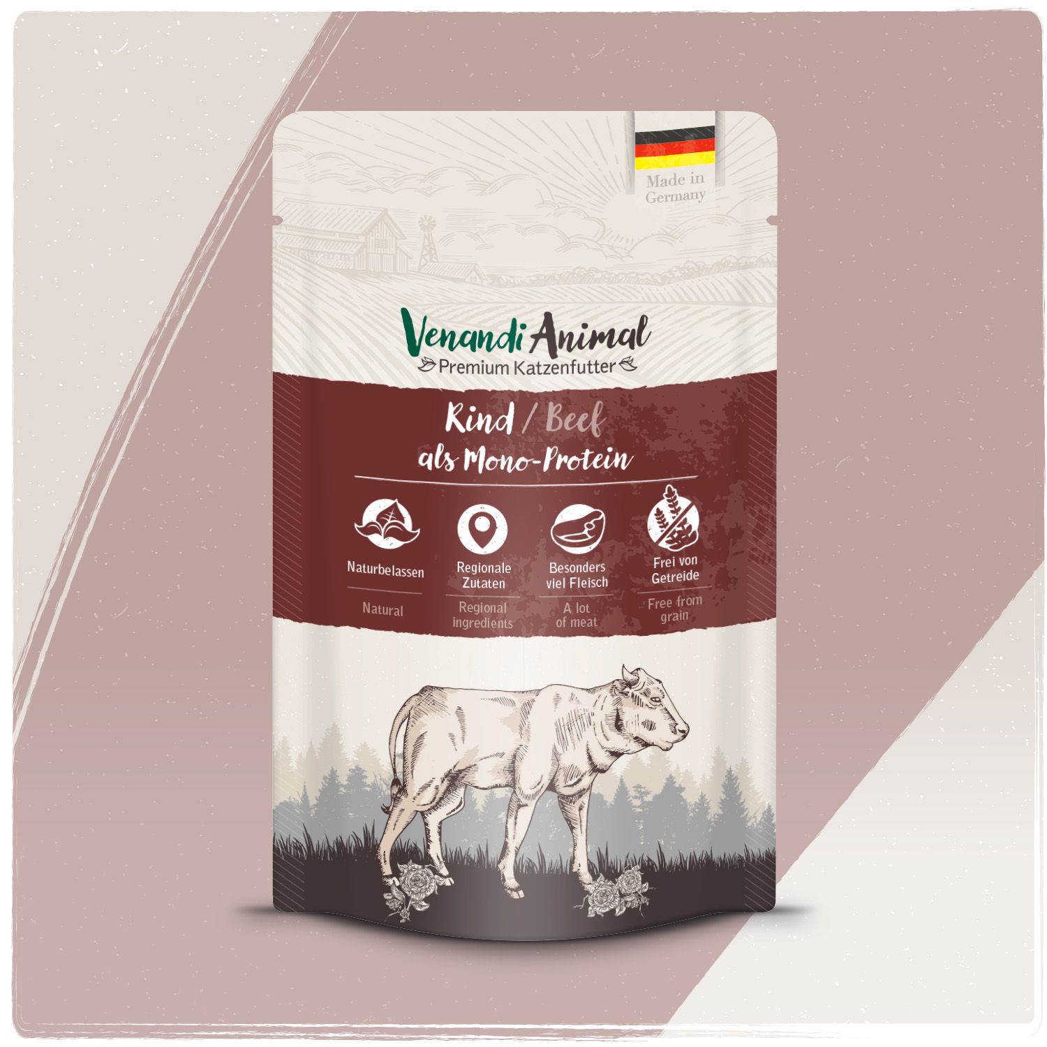 Venandi Animal Rind als Mono-Protein Katzenfutter-Packung mit Rinderabbildung und deutschen Qualitätsmerkmalen.