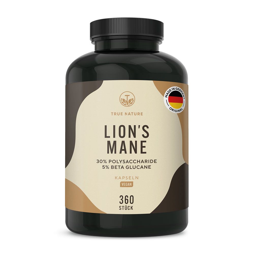 Dunkler Behälter mit TRUE NATURE LÖWENMÄHNE Kapseln, 360 Stück, 30% Polysaccharide, 5% Beta Glucan.