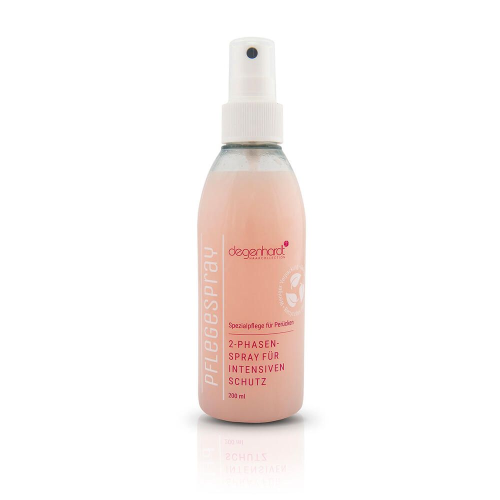 Pflegespray-Flasche mit Sprühkopf. Rosa Flüssigkeit. Beschriftung: degenhardt, 2-Phasen-Spray für intensiven Schutz.