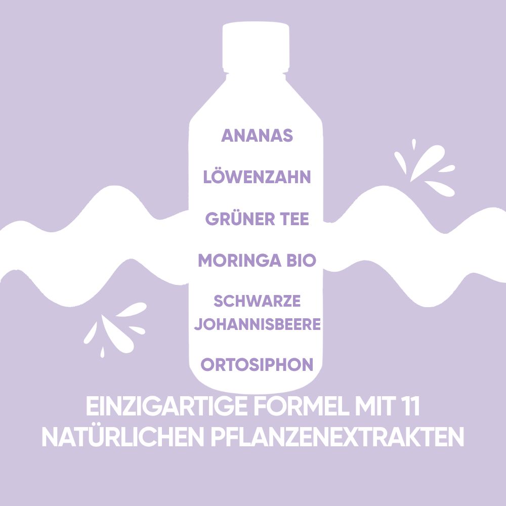 Flaschenform mit Liste natürlicher Extrakte: Ananas, Löwenzahn, grüner Tee, Moringa.