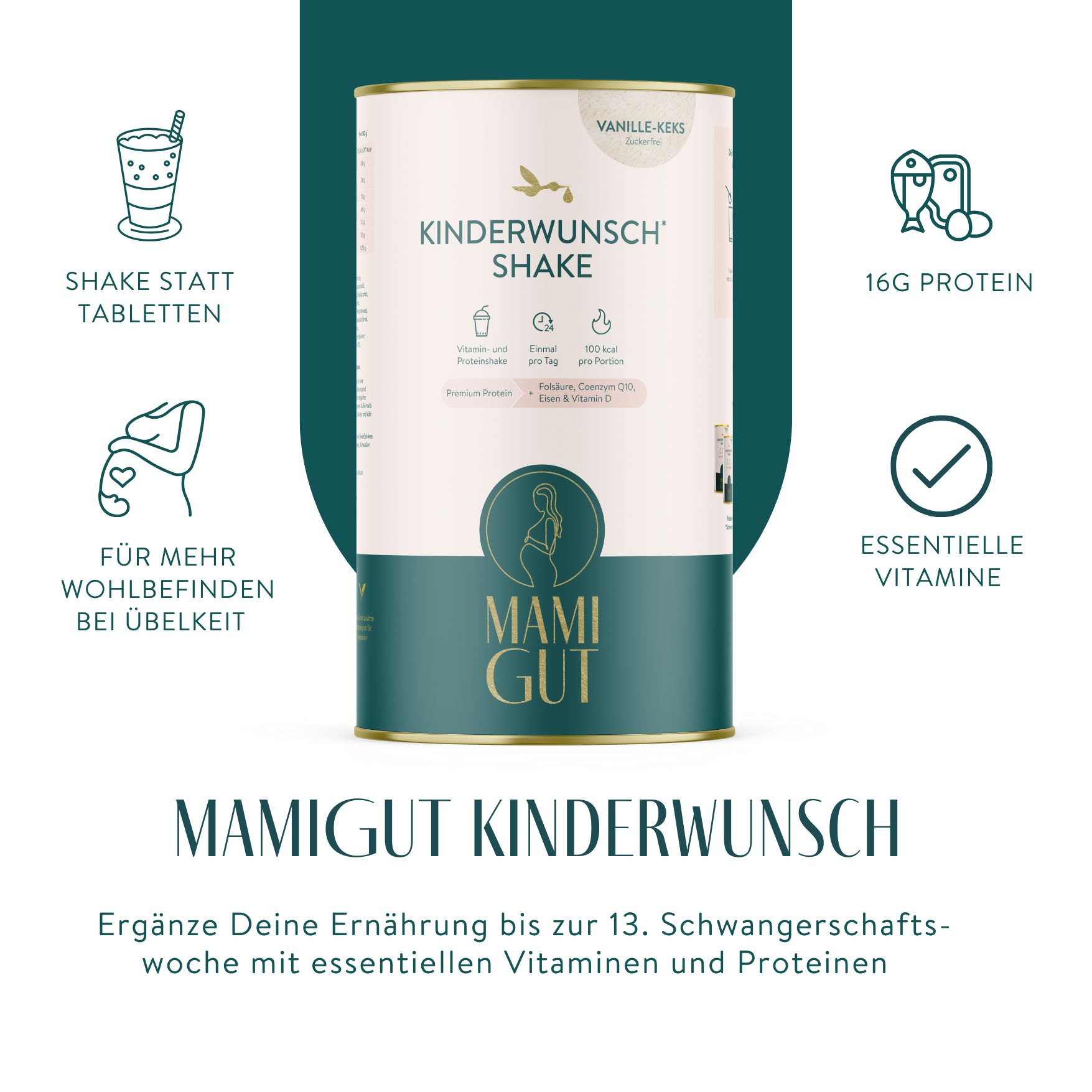 Zylindrische Dose mit 'Kinderwunsch' Shake, 'MamiGut' Logo. Enthält Vitamine, Proteine. Vanille-Geschmack.