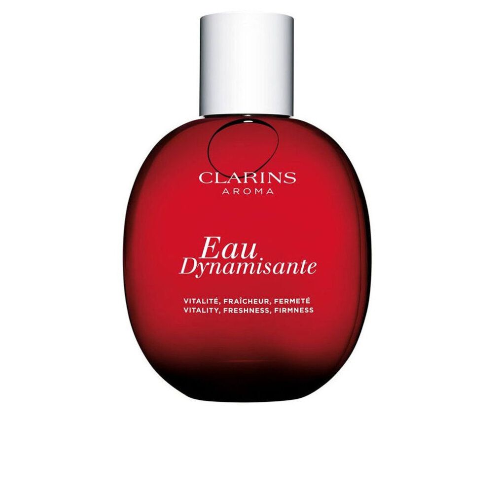 Runde, rote Flasche mit weißem Verschluss. Aufschrift: Clarins Aroma, Eau Dynamisante.