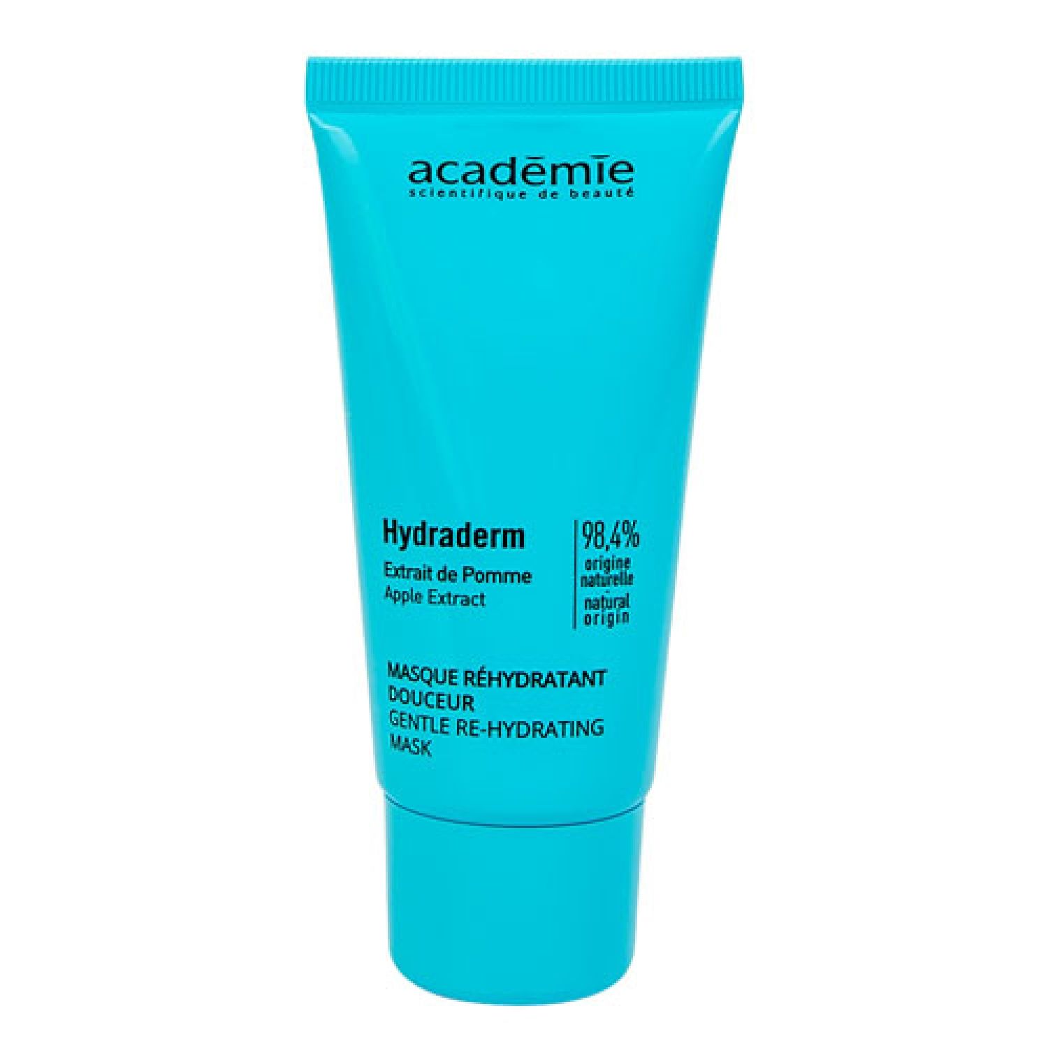 Türkisblaue Tube. Aufschrift: Académie, Hydraderm, Apfelextrakt, 98,4% natürlichen Ursprungs, Masque Réhydratant Douceur, Gentle Re-Hydrating Mask.