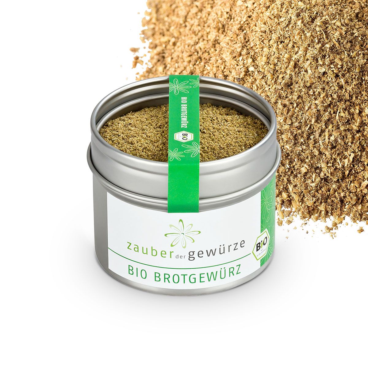 Geöffnete Dose Brotgewürz, daneben Gewürzstreuung. Grün-weißes Etikett mit Schriftzug und Bio-Siegel.
