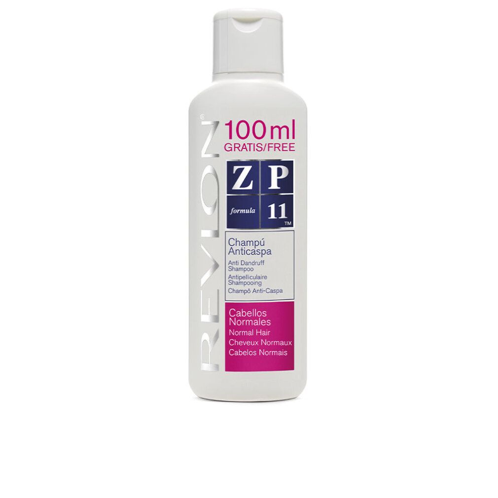 Weiße Shampoo-Flasche mit blauer und rosa Beschriftung. Aufschrift: ZP 11, Champú Anticaspa, Cabellos Normales. 100 ml.
