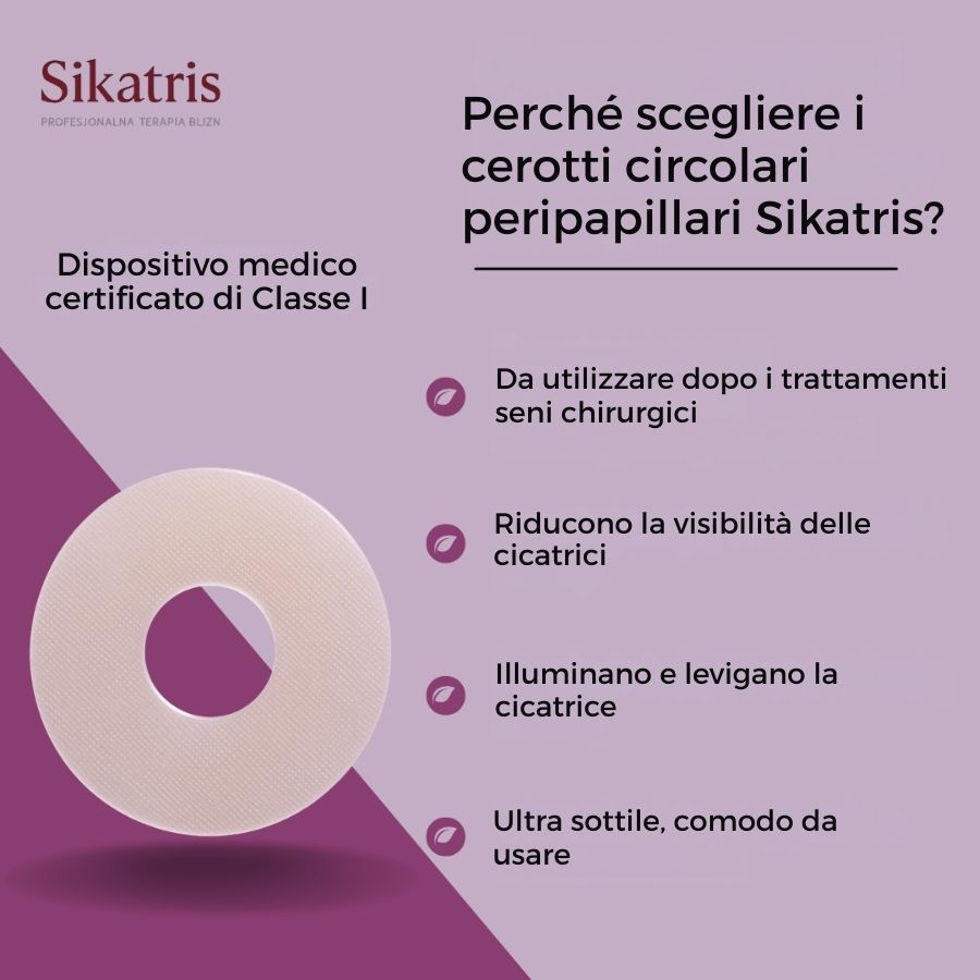 Infografik mit einem kreisförmigen Pflaster und Text in italienischer Sprache, der die Vorteile hervorhebt.