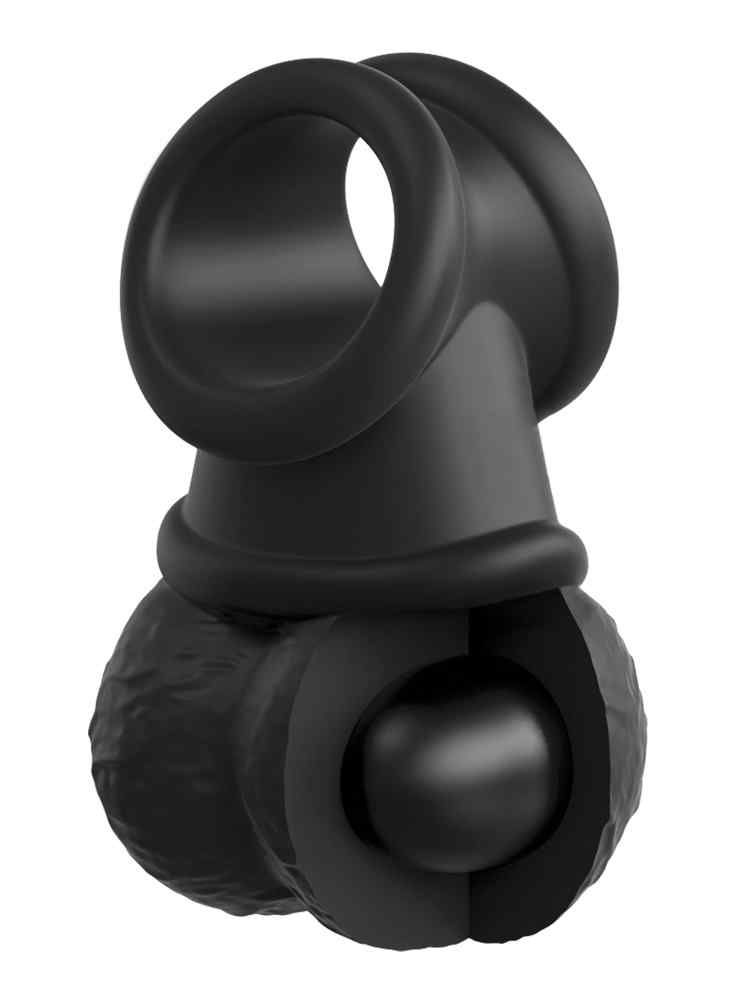 Schwarzes Wellness-Produkt, Schnittansicht. Ring, Kugel mit Metallkern. Aus Silikon.