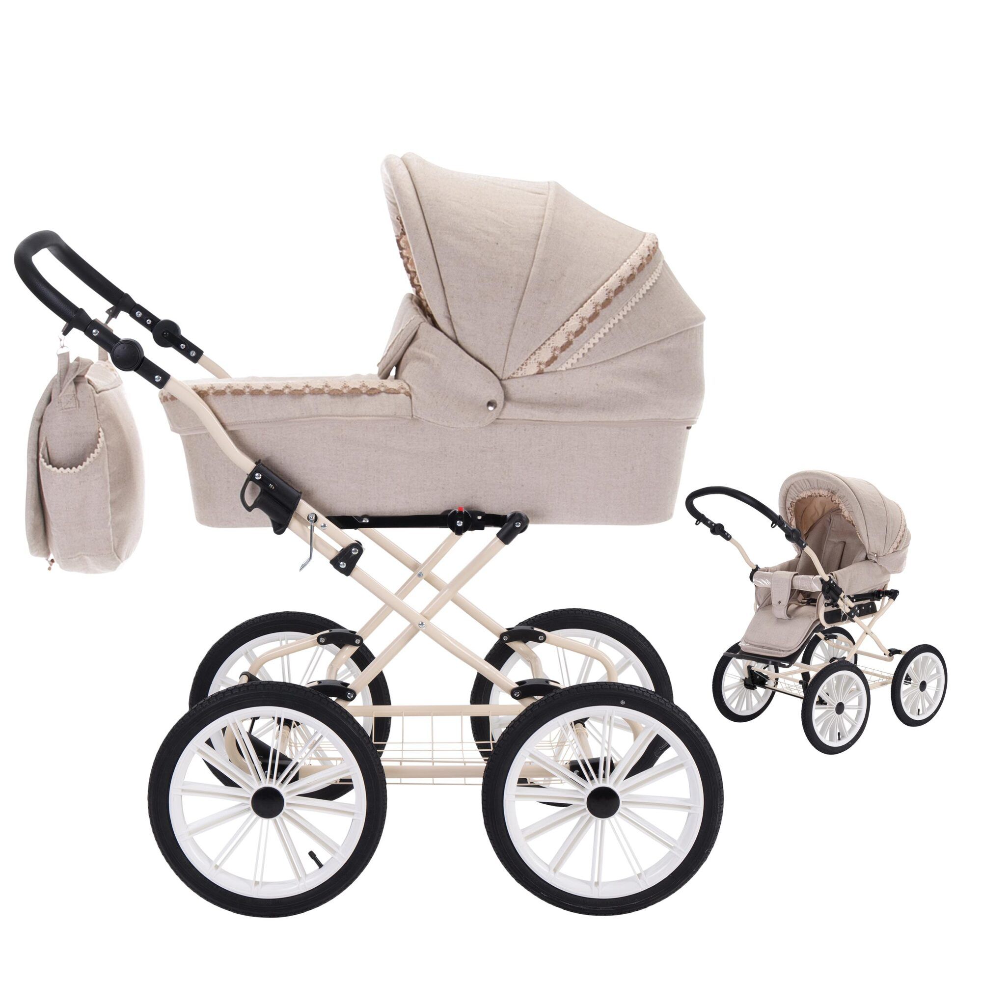 Friedrich Hugo Natureline 2 in 1 Kombikinderwagen Öko Nostalgie Kinderwagen, Catherine Creme