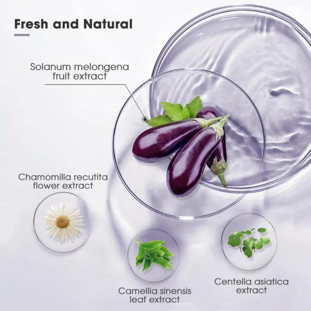 Inhaltsstoffe: Aubergine, Kamillenblütenextrakt, Grüntee-Extrakt, Centella Asiatica Extrakt.