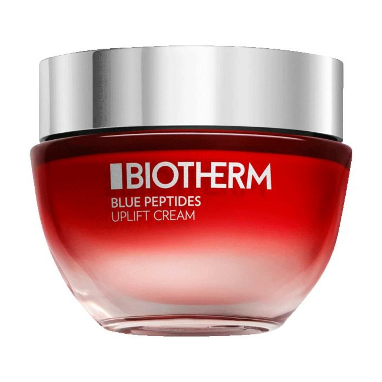 Roter Tiegel mit silbernem Deckel. Aufschrift: BIOTHERM BLUE PEPTIDES UPLIFT CREAM.