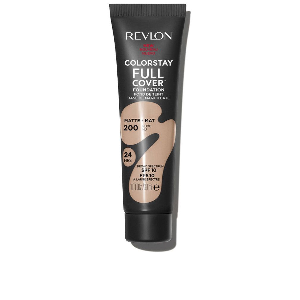 Revlon Colorstay Full Cover Foundation. Schwarze Tube mit Produktinformationen. Farbton 200. Matte Textur. Lichtschutzfaktor 10.