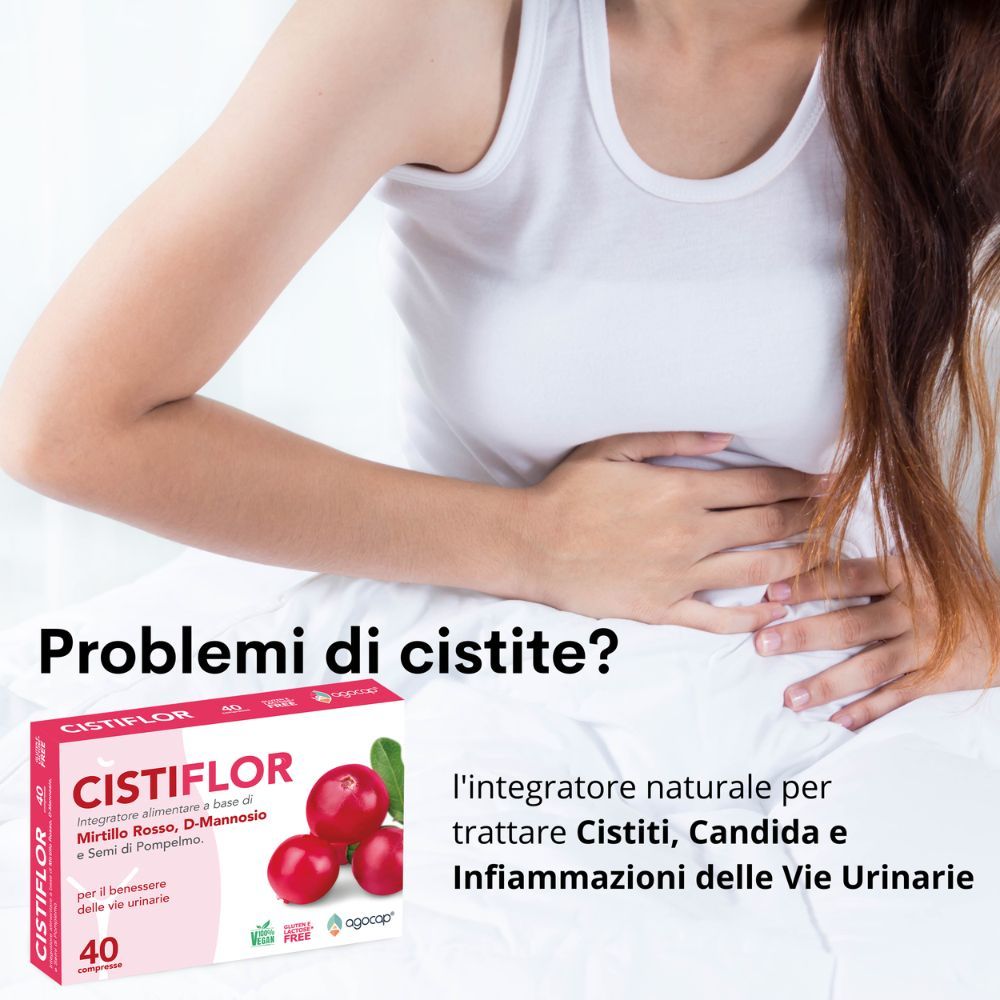 Donna che si tiene la pancia. Scatola Cistiflor con illustrazione di mirtilli rossi. Testo: Problemi di cistite?