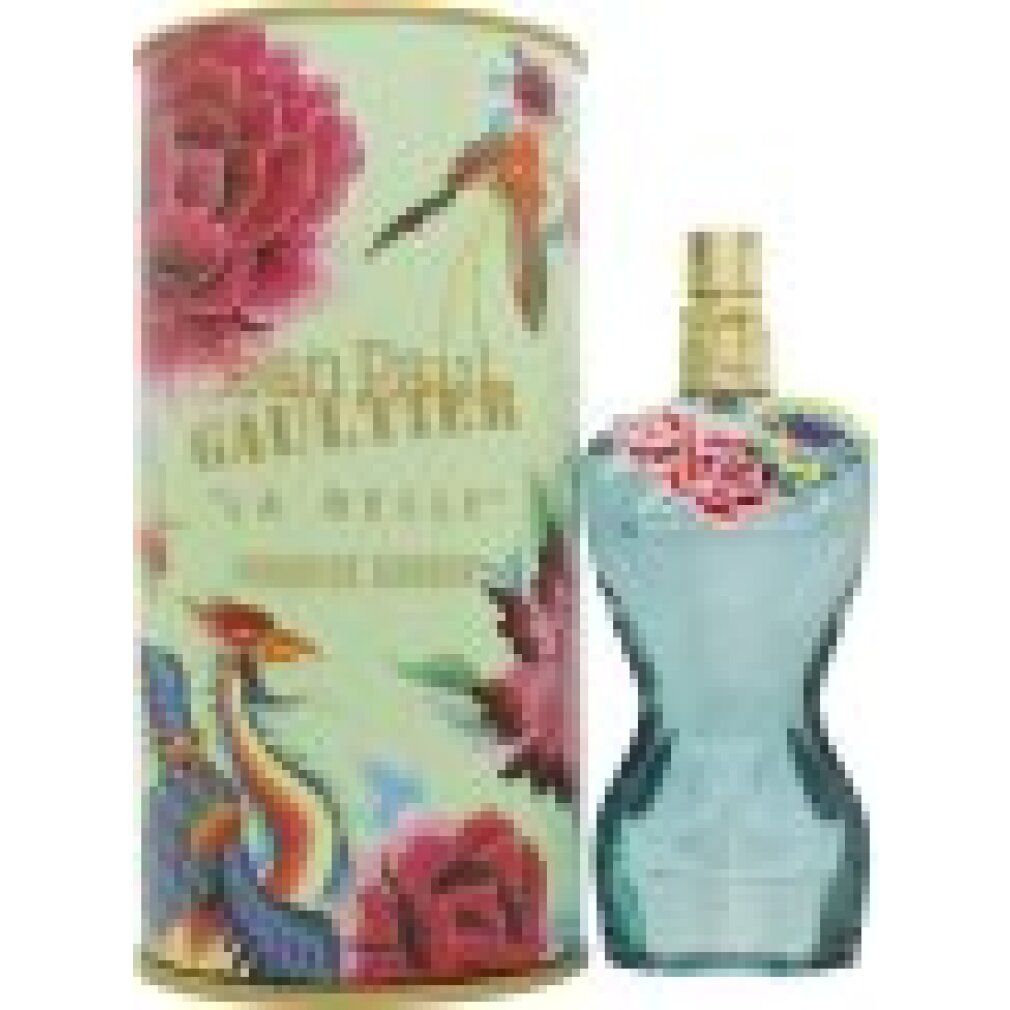 Türkis geformter Flakon und Dose mit floralem Muster. Aufschrift: JEAN PAUL GAULTIER LA BELLE.