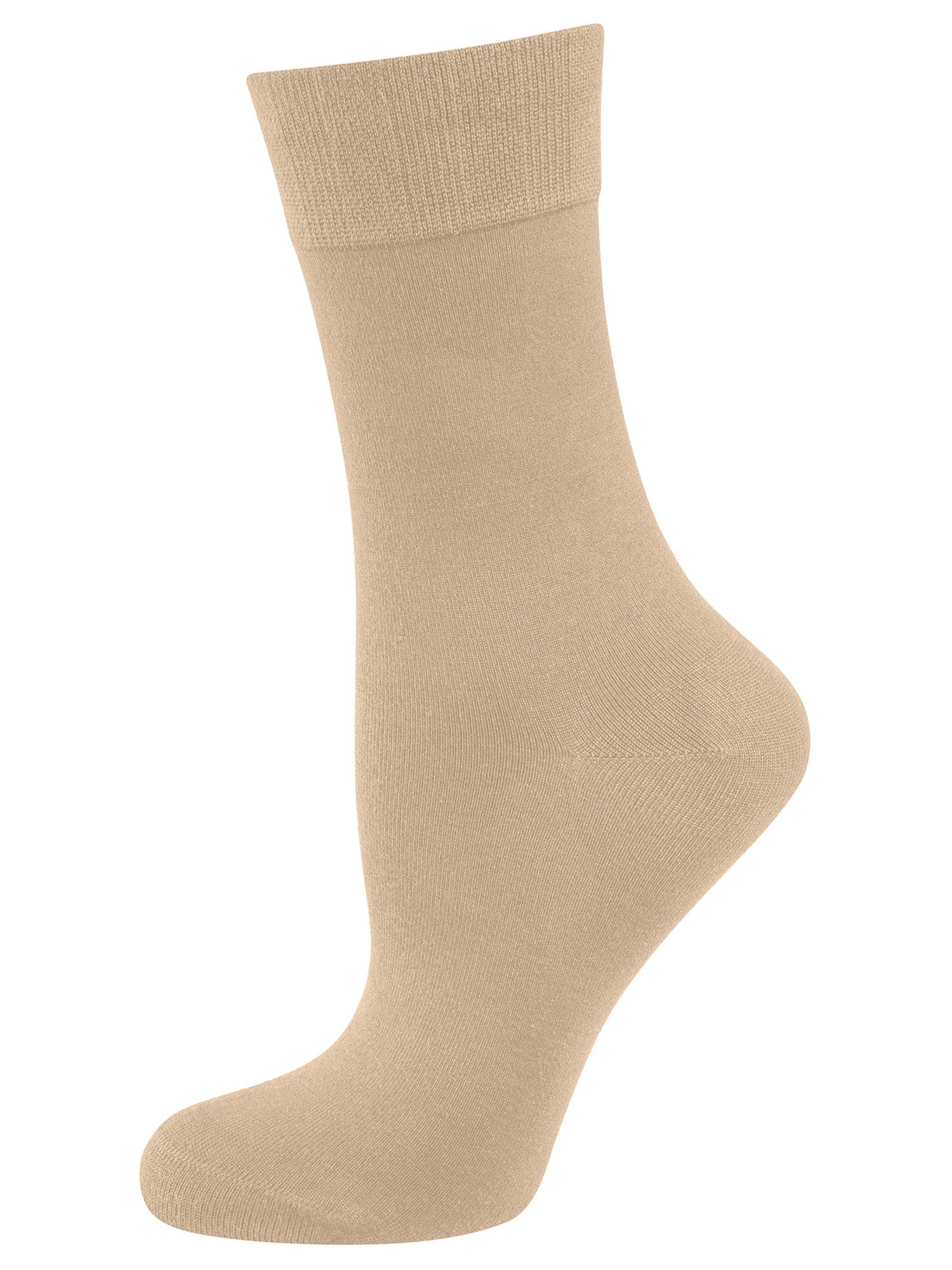 Beige Socke mit geripptem Bündchen. Blick von der Seite. Einfarbig, aus weichem Material.
