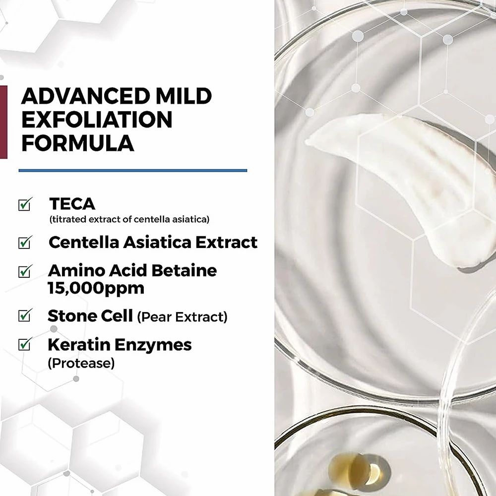 Text mit Inhaltsstoffen: TECA, Centella Asiatica Extrakt, Amino Acid Betaine, Stone Cell, Keratin Enzyme.