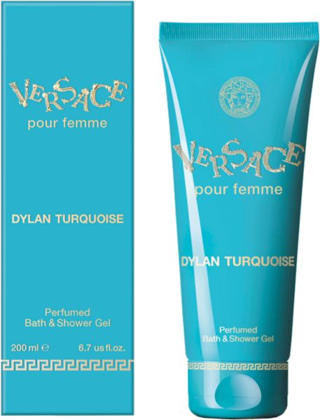 Türkis Tube und Schachtel. Aufschrift: Versace pour femme, Dylan Turquoise. Duschgel. Goldene Schrift.