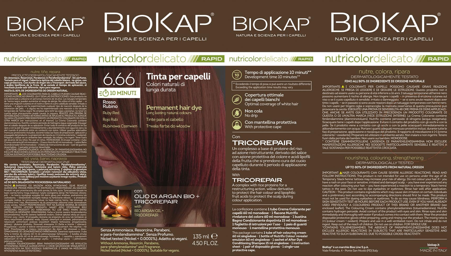 Ausgeklappte Verpackung. BIOKAP-Logo. Produktname: nutricolor delicato RAPID. Abbildung einer Frau mit gefärbtem Haar. Text.