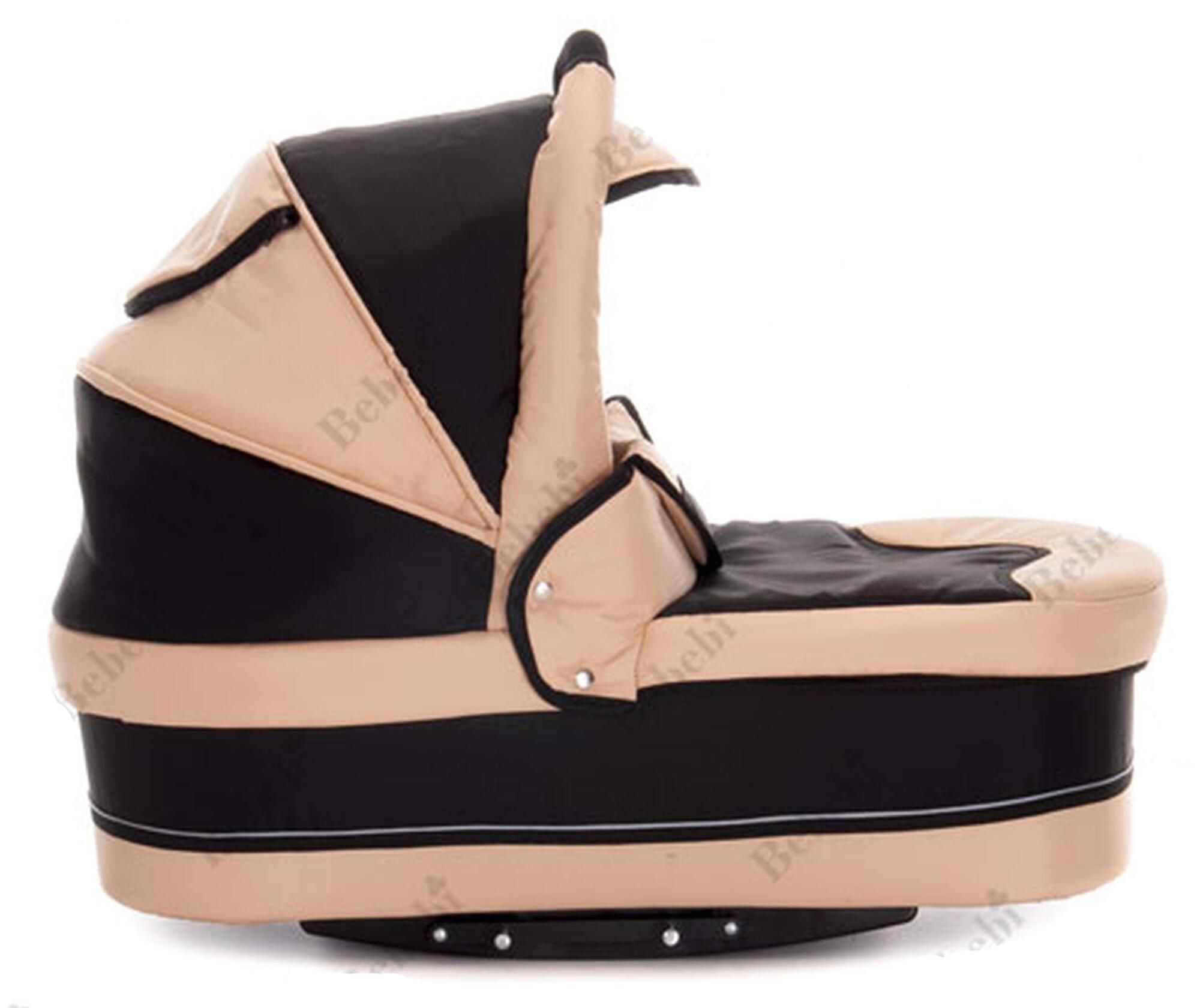 Babywanne, beige und schwarz. Seitliche Ansicht. Logo sichtbar.