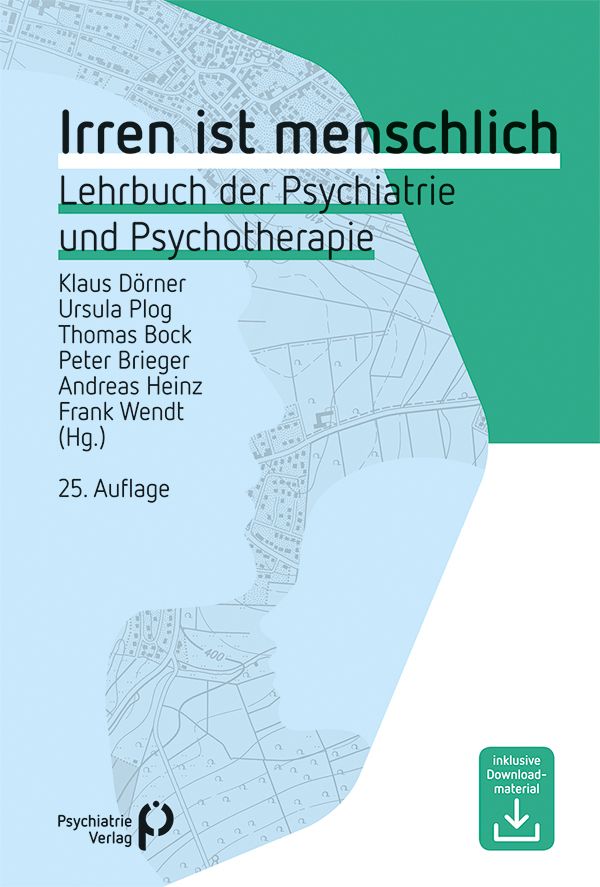 Buchcover: "Irren ist menschlich". Lehrbuch der Psychiatrie und Psychotherapie. Autorenliste und Verlagslogo.