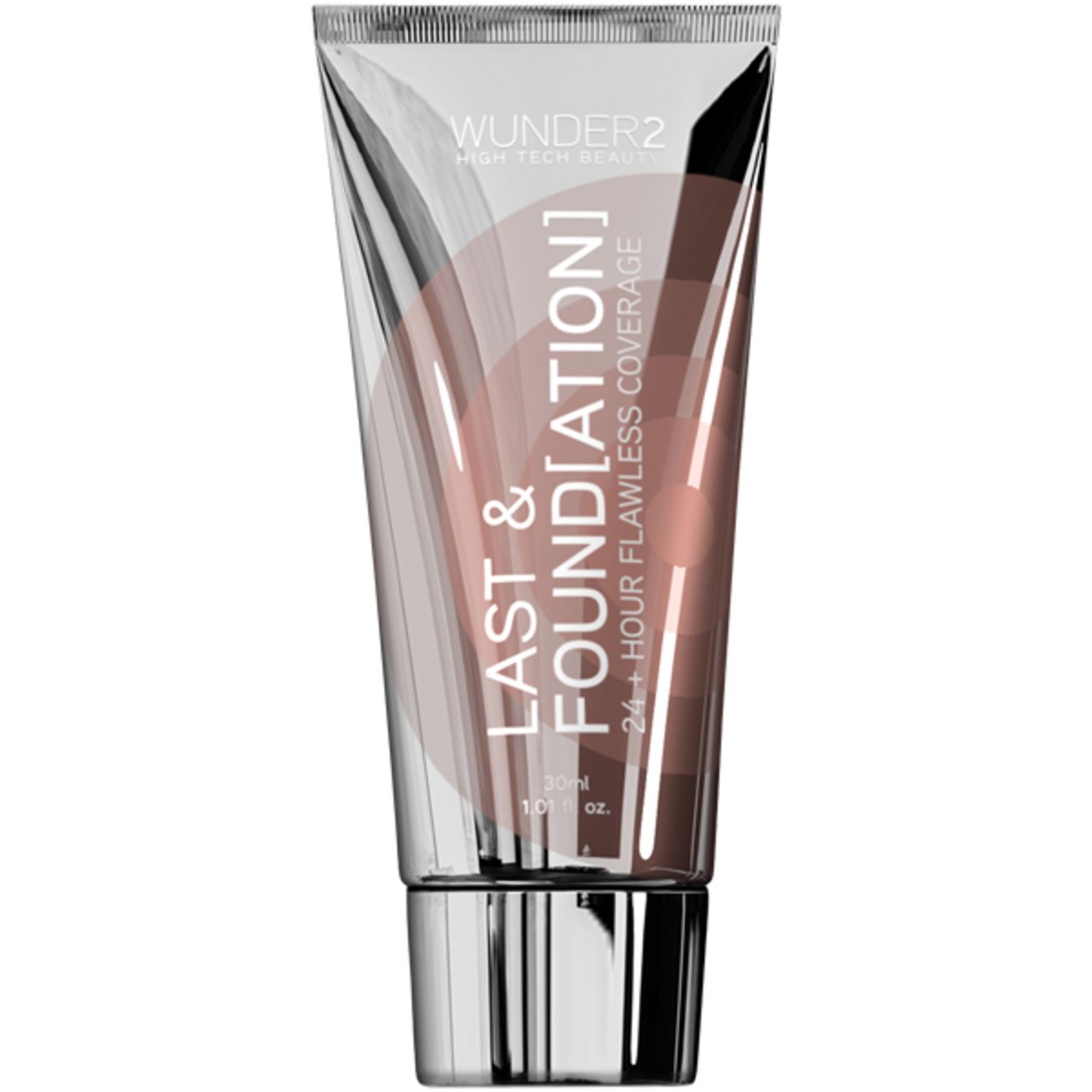 Wunder2 Last & Foundation Tube. Transparentes Gehäuse mit Produktfarbe. Silberne Kappe. Text: Last & Foundation, 24+ Stunden Deckkraft.