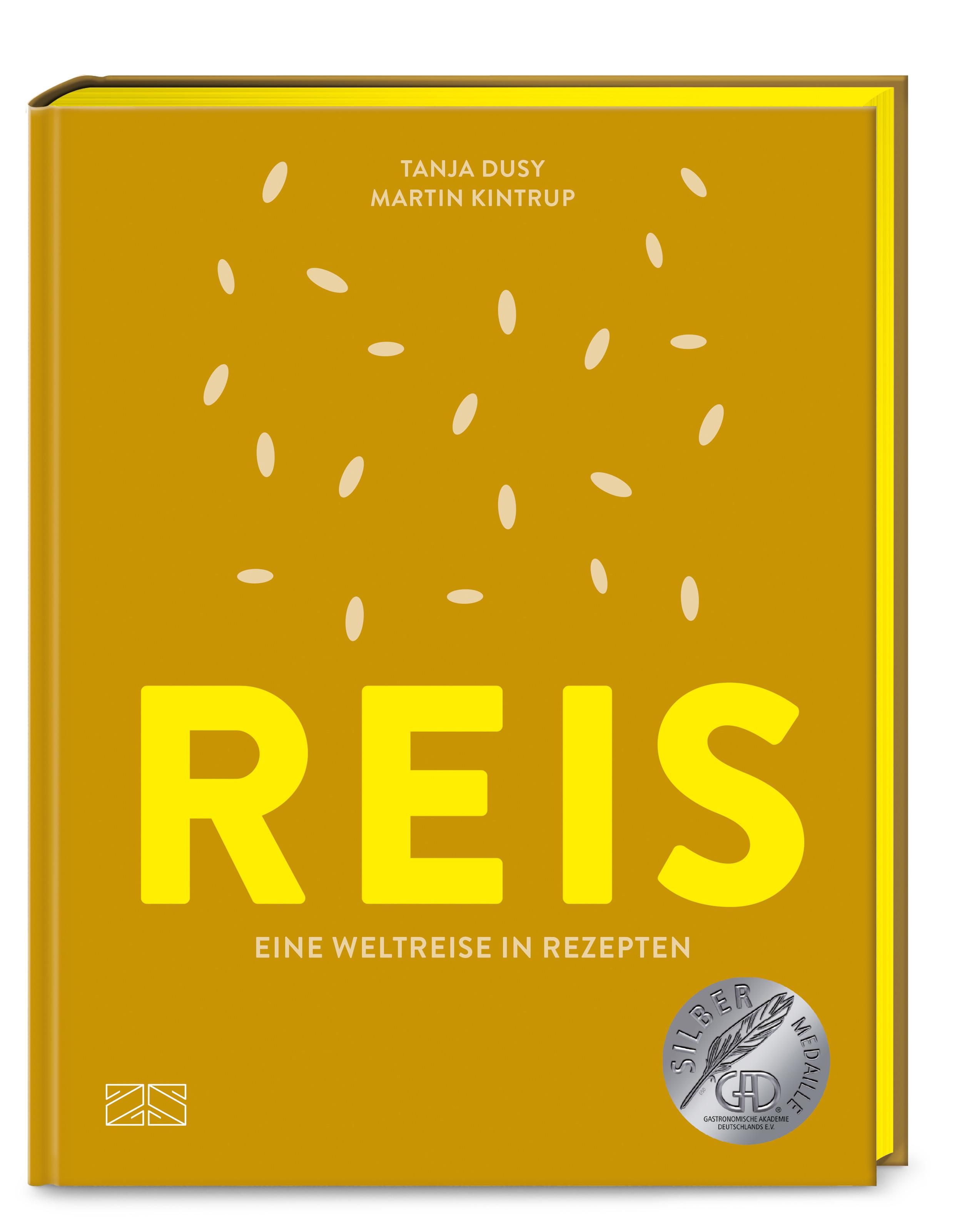 Buch "REIS" mit gelbem Einband. Titel und Untertitel in gelb. Reiskorn-Illustrationen. Silbermedaille-Logo.