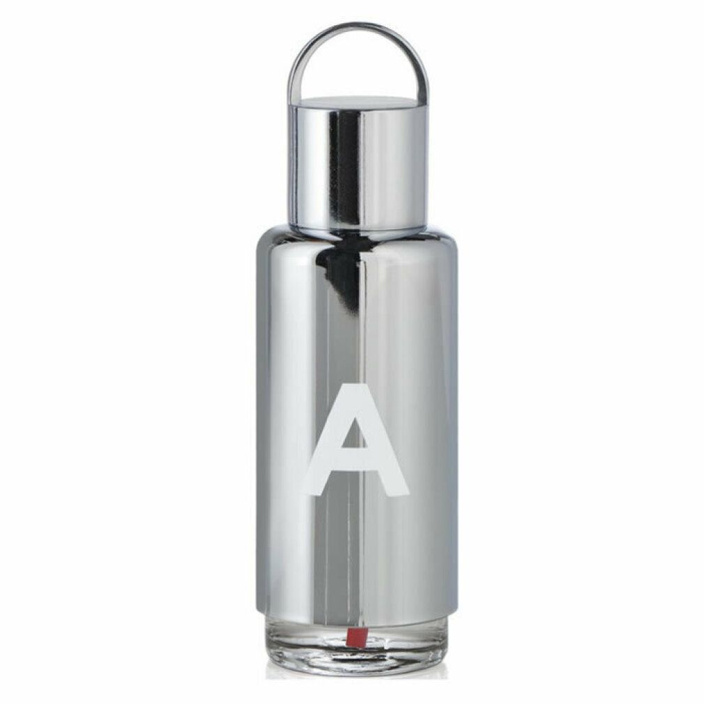 Silberfarbene Flasche mit weißem "A". Oberteil mit Henkel. Durchsichtiger Boden mit roter Flüssigkeit.