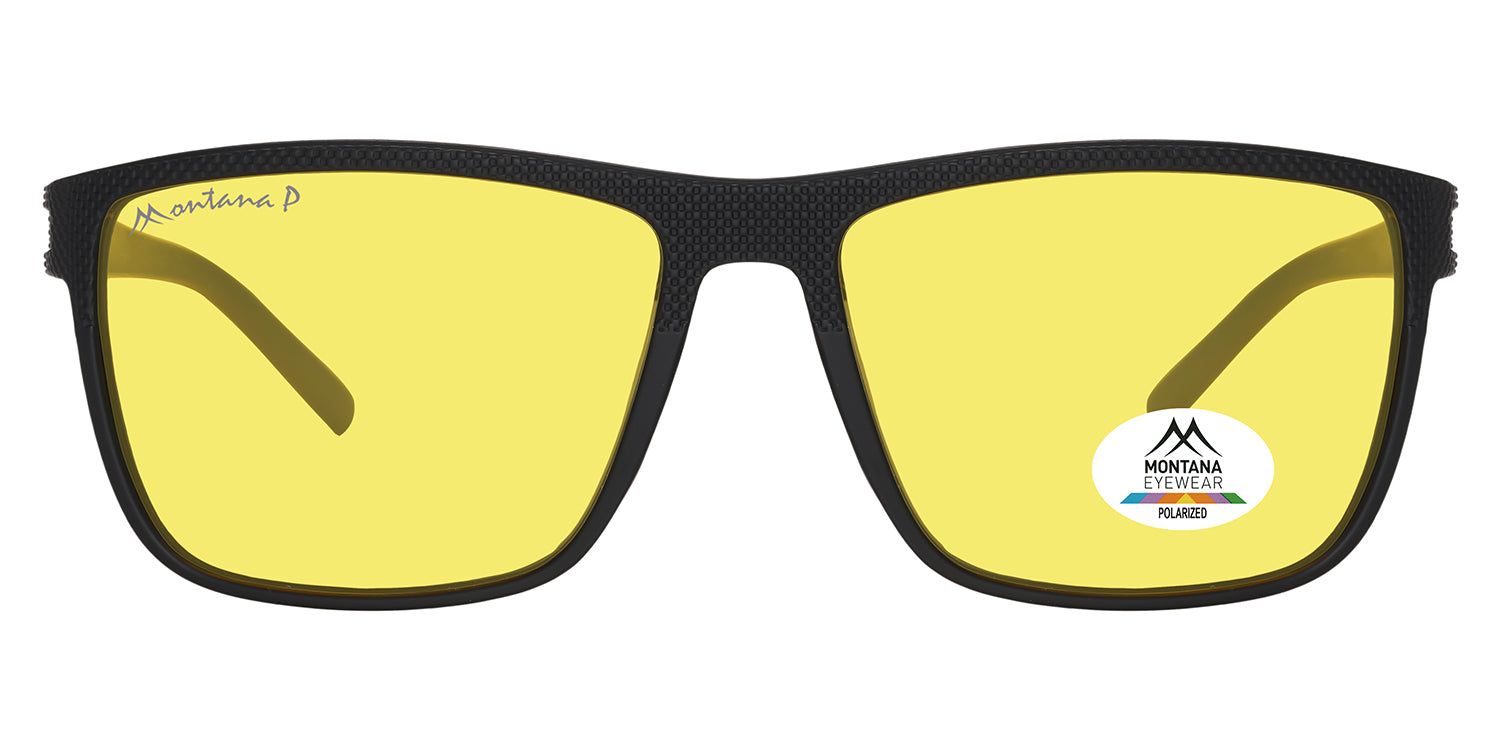 Schwarze Brille mit gelben Gläsern. Montana Eyewear Logo auf dem Rahmen. Polarisiert-Aufkleber auf dem rechten Glas.