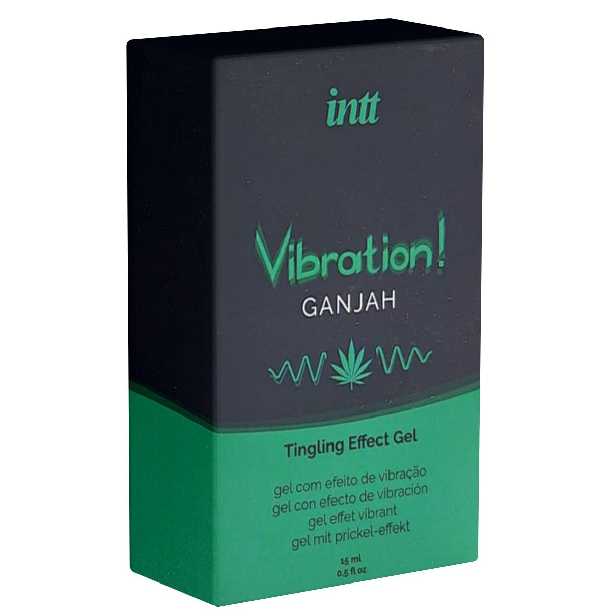 Schwarze Verpackung. Aufschrift: INTT, Vibration! Ganjah, Tingling Effect Gel. Grün-weiße Akzente. Mehrsprachiger Text.